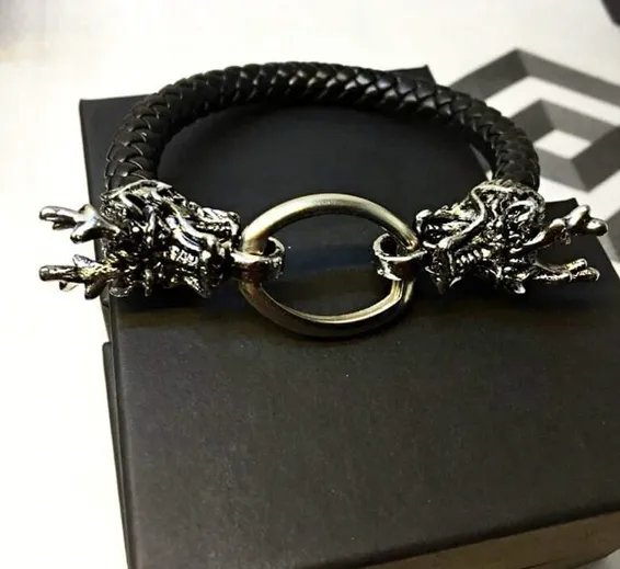 Unisex Steel Leather Norse Vikings Dragon Bracelet