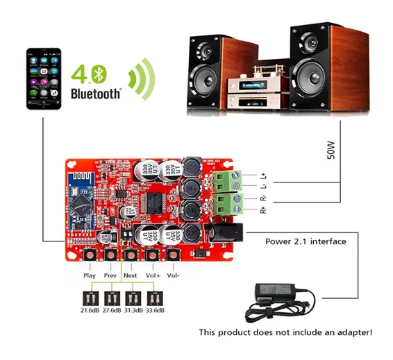 TDA7492 12V 24V 50W + 50W Wireless Bluetooth 4.0 Audio Receiver Board 2x50W Digital Amplifier Module